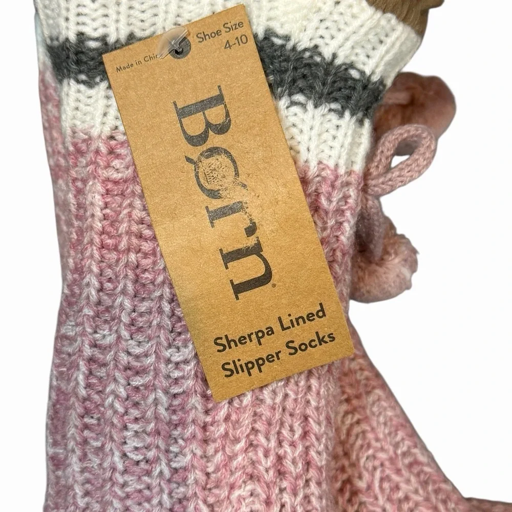 Born Women's Sherpa Lined Slipper Socks - Shoe Size 4-10 Mauve / Cocoa /Pom  NWT